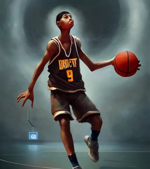 Prompt: portrait of a boy playing basketball in a basketball court, intense emotion, intricate, elegant, highly detailed, centered, digital painting, artstation, concept art, smooth, sharp focus, illustration, by Peter Mohrbacher, WLOP