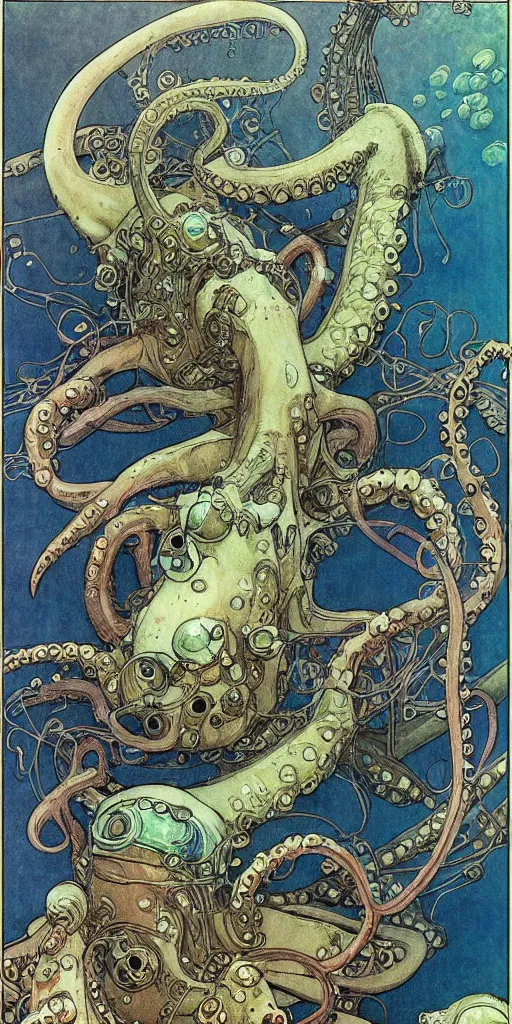 Image similar to fantasy fish, octopus, squid, in futuristic aquarium, cyberpunk, concept art, schematics, gnarly details painted by norman rockwell, mucha, gurney