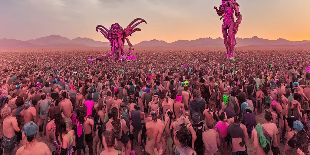 Prompt: a giant pink xenomorph statue in the middle of crowd of ravers dancing at Burning Man in the desert, sunset, hd 35mm photography, big clouds, cinematic