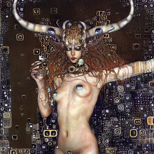 Prompt: horned cybernetic demon trapped in circuitry, intricate detail, klimt, royo,