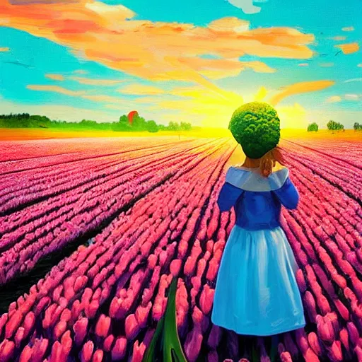 Image similar to girl with a giant tulip head, surreal photography, flower field, sunset dramatic light, impressionist painting, colorful clouds, blue sky, digital painting, artstation, simon stalenhag