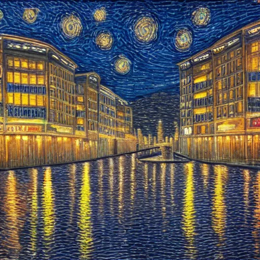 Prompt: prtrait of modern cityscape at night, 8 k, intricate, starry night, highly detailed