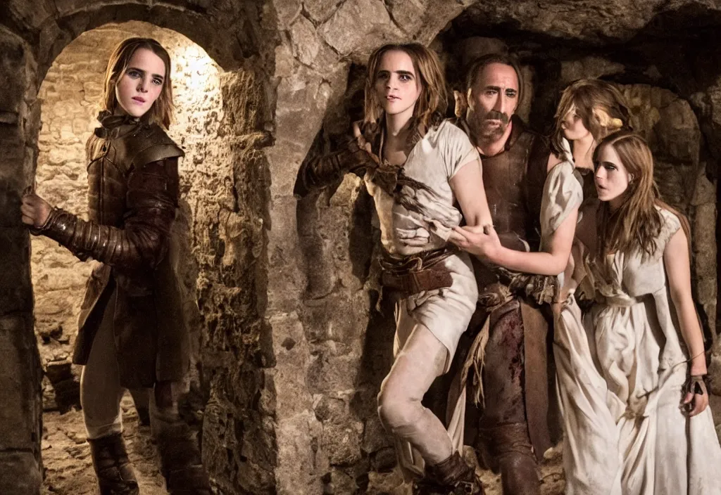 Image similar to photography emma watson fight with nicholas cage in a medieval wine cellar cinematic