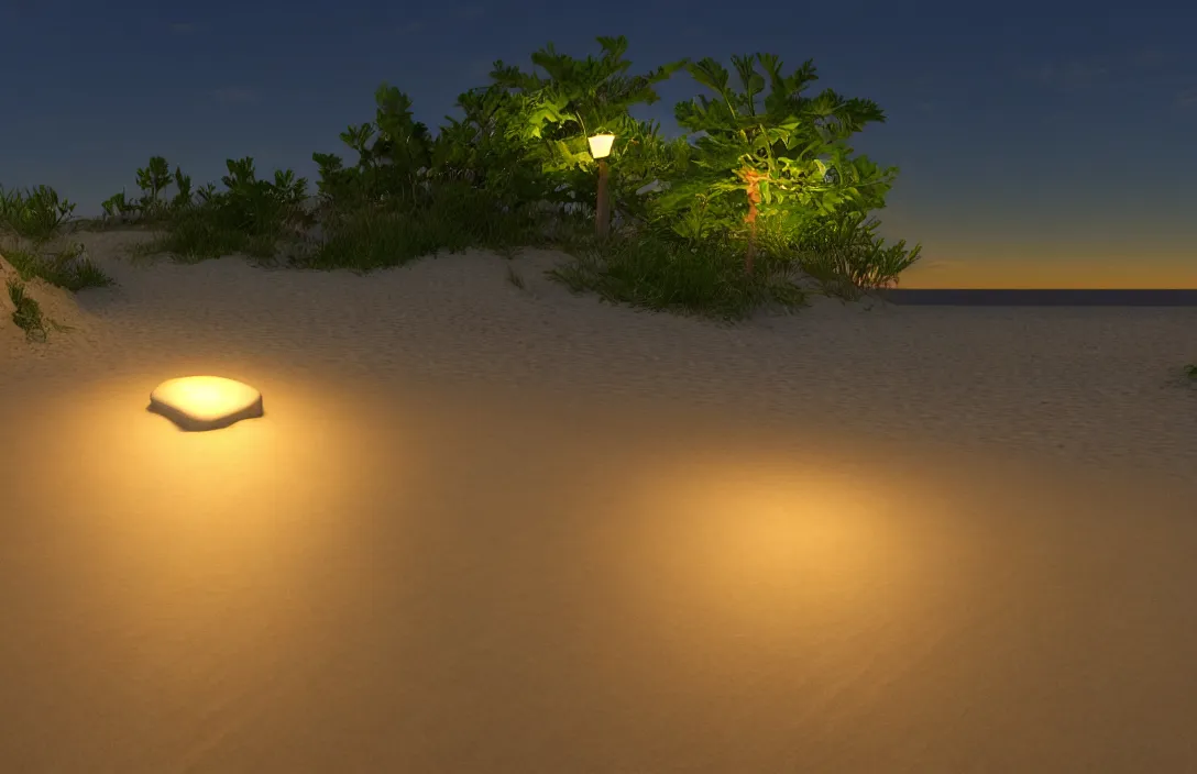 Image similar to on the beach by the sea, at night, unreal engine rendering, with light and shadow