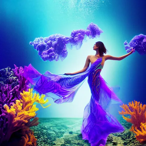 Prompt: woman dancing underwater wearing a flowing dress made of blue, magenta, and yellow seaweed, delicate coral sea bottom, swirling silver fish, swirling smoke shapes, cinema 4 d render, caustics lighting from above, cinematic, hyperdetailed