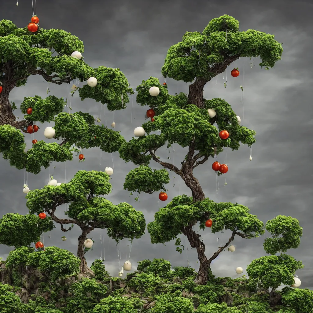 Prompt: fantasy tree growing on the top of a hill, black sky, with mozzarella and tomatoes hanging from the branches, very large basil leaves grow on the branches, twisted trunk, extremely detailed, lots of mozzarella balls hanging in tree, plenty mozzarella, a fire burning in the pizza oven in the background, masterpiece, pixar render