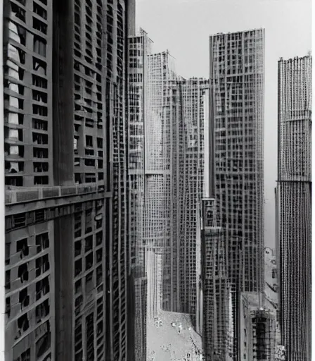 Prompt: a maze in the middle of skyscrapers photographed by berne becher and hilla becher