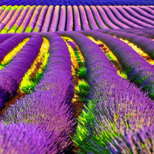 Image similar to lavender field in provence at sunset with a cat sitting in foreground