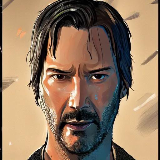 Image similar to keanu reevez in the art style of disco elysium