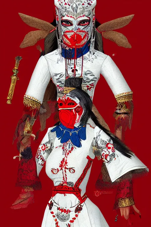 Image similar to female adventurer in tight full - body white embroidered leather armor of ukrainian vyshyvanka design with red accents and a red porcelain crow mask, trending in artstation, ukrainian, artstation, big moon in the background, establishing shot