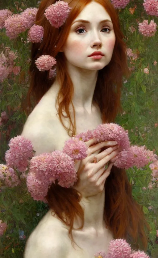 Prompt: a realistic oil painting of a girl resembling karen gillan, covered in flowers, highly detailed, intricate, detailed background, artstation, by mucha, by william adolphe bouguereau, by waterhouse