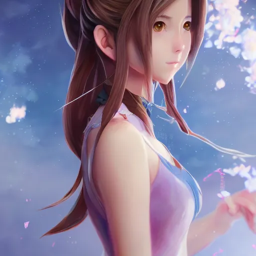 Image similar to head to toe shot of aerith gainsborough by WLOP, rossdraws, Logan Cure, Mingchen Shen, BangkuART, sakimichan, yan gisuka, JeonSeok Lee, zeronis, Chengwei Pan on artstation