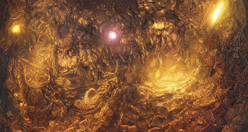 Image similar to the portrait of a smiling golden owl in the depths of the universe, an ultrafine hyperdetailed illustration by kim jung gi, irakli nadar, intricate linework, bright colors, octopath traveler, final fantasy, unreal engine 5 highly rendered, global illumination, radiant light, detailed and intricate environment, - h 1 0 2 4