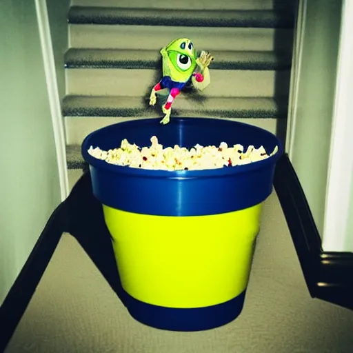 Image similar to mike wazowski falling down the stairs with a bucket of popcorn, iphone photo