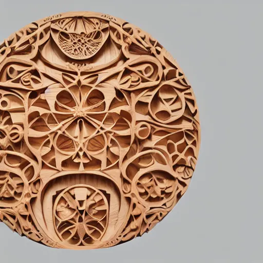 Image similar to intricate biotechnology carved from wood, photograph, studio lighting