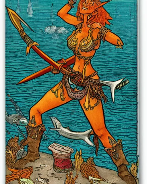 Image similar to a shark pirate queen with melee weapons by ivan bilibin