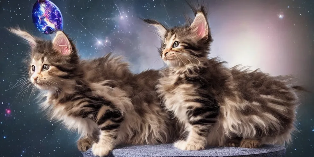 Image similar to a 3 d rendered movie still maine coon kitten descendant 1 million in the future. kitten wears a spacesuit, and explores cosmos in a space ship with a cat tree. science fiction blockbuster movie kittens rule the world or what's on tv? kittens!, dramatic lighting, imax 7 0 mm. buzz lightyear