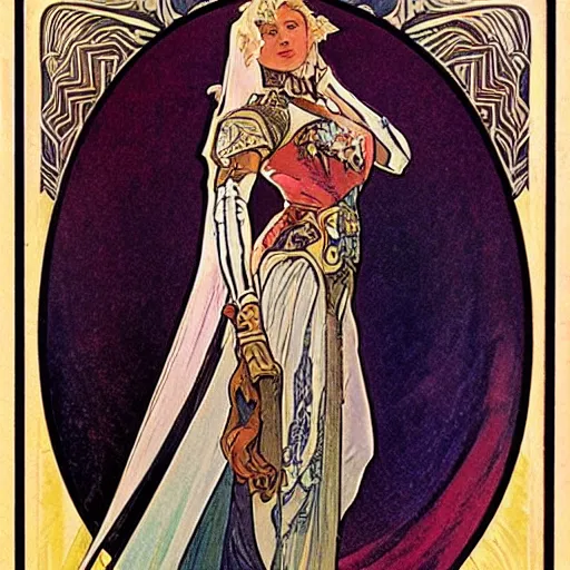 Prompt: woman in full plate armour, lance, flowing hair, painted by alphonse mucha