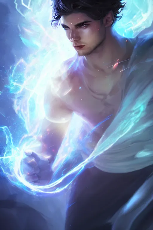 Image similar to a human elemental sorcerer, blurred environment background, epic magic effects, white skin, medium portrait, male, sharp focus, digital art, concept art, post processed, dynamic lighting, by emylie boivin and rossdraws