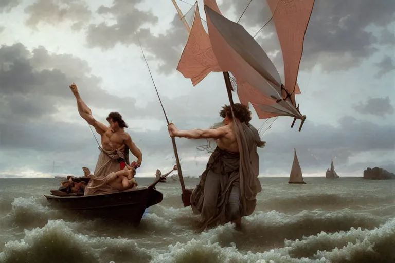 Image similar to ancient historically accurate depiction of Bible Character walking on water during a storm, a small fishing sailboat with scared sailors on board, dramatic lighting by frank miller, illustration by Ruan Jia and Mandy Jurgens and William-Adolphe Bouguereau, Artgerm, 4k, digital art, surreal, space dandy style, highly detailed, godsend, artstation, digital painting, concept art, smooth, sharp focus, illustration by Ruan Jia and Mandy Jurgens and William-Adolphe Bouguereau, Artgerm