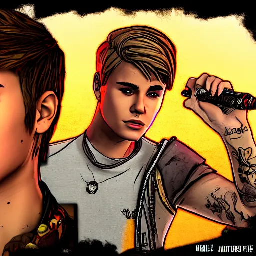 Image similar to justin bieber portrait, borderlands, tales from the borderlands, the wolf among us, comic, cinematic lighting, studio quality, 8 k