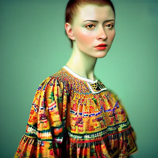 Image similar to hyperrealism photography in caravaggio style computer simulation visualisation of parallel universe sit - com scene with beautiful highly detailed ukrainian woman wearing ukrainian traditional shirt designed by taras shevchenko and wearing neofuturistic neural interface by josan gonzalez. hyperrealism photo on pentax 6 7, kodak portra 4 0 0 volumetric natural light - s 1 5 0