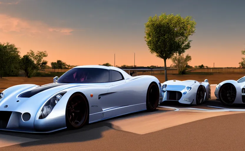 Image similar to a panoz gtr - 1 parked at a drive in movie theater at sunset, concept art, hyperrealistic, octane render, unreal engine 5, path traced, highly detailed, high quality, 8 k, dramatic lighting, cinematic, high coherence, symmetrical, high contrast, lens flare, godrays