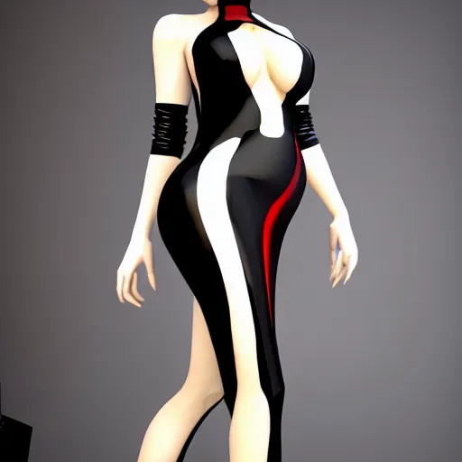 Image similar to a curvy pale hot goth young woman wearing an elegant modest tight shiny red-silver-black striped latex high-neck dress, cgsociety, photorealistic, sublime-cool-hyperadvanced-dark ambience, 16k, smooth, sharp focus, trending on ArtStation, volumetric lighting, fully clothed, thin waist