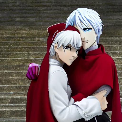 Prompt: ruby rose and weiss schnee hug after finally being reunited, sigma 7 5 mm