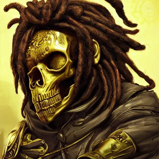 Image similar to a golden skull face monkey warrior with dreadlocks and emeralds in his forehead, Apex Legends character digital illustration portrait design, by android jones, detailed, cinematic lighting, wide angle action dynamic portrait