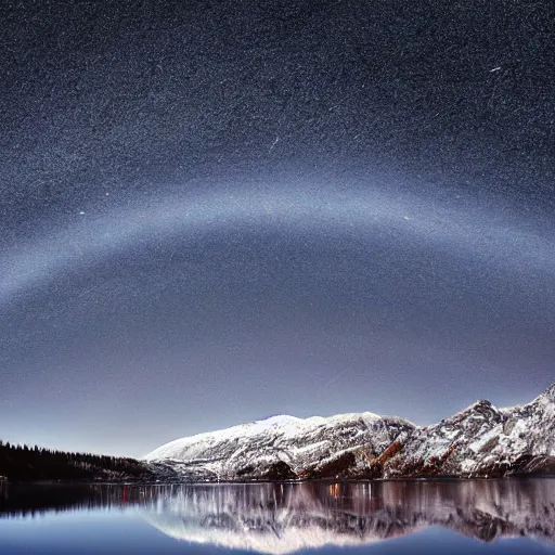 Image similar to Galactic arch, snowy mountains and lakes, in the style of National Geographic magazine, astronomical photography