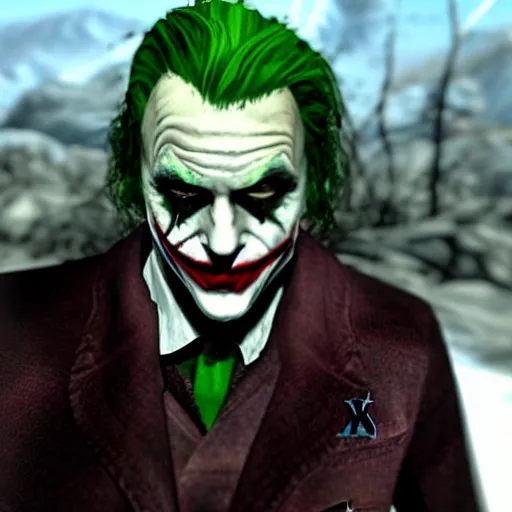 Prompt: the joker as a character on Skyrim videogame