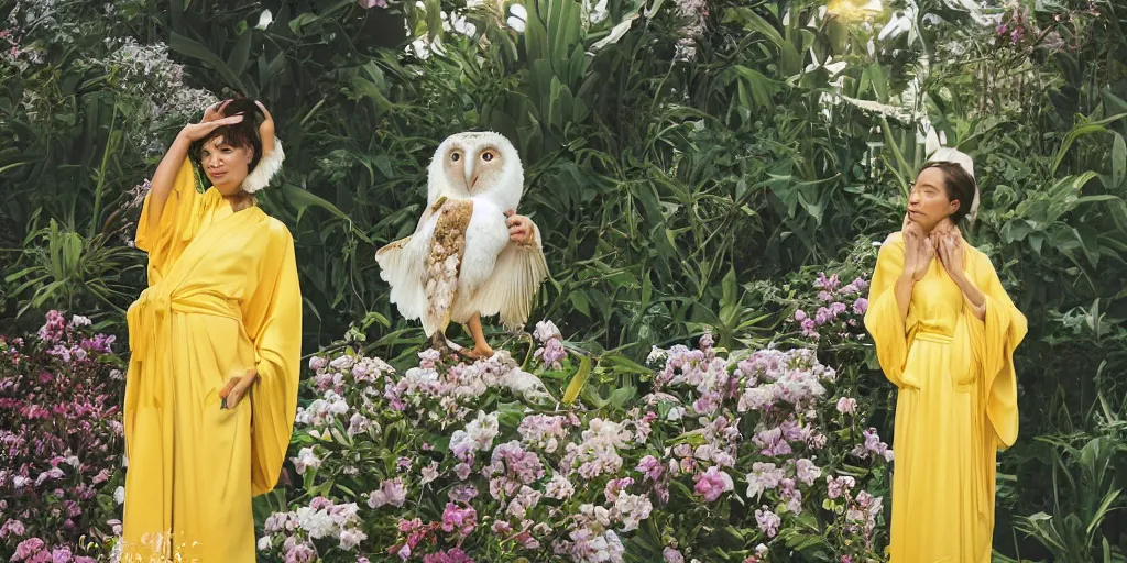 Image similar to film still of an elegant top model wearing a yellow kimono with a very detailed barn owl on her shoulder!!! in a tropical greenhouse. looking at the camera!!. super resolution. 85 mm f1.8 lens.bokeh. graflex. art by Alessio albi and ashley wood and Edmund Blair Leighton and John Singer Sargent! -