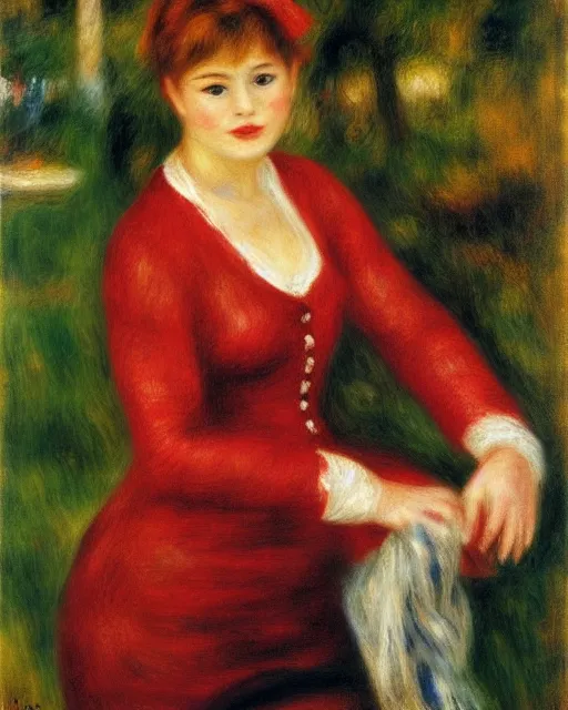 Prompt: a pierre - auguste renoir portrait painting of a woman wearing a red dress dancing in the pouring rain