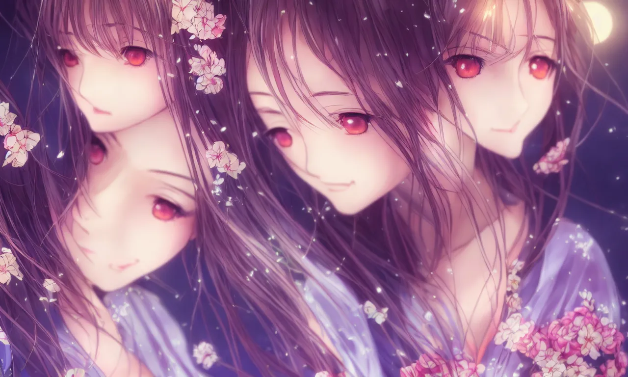 Image similar to portrait three beautiful anime girls wear coctail kimono closeup macro | | sunny night, full moon, dreamlike art, realistic shaded, smile, good looking, hyper details, 4 k realistic, cryengine, realistic shaded lighting poster by artgerm, ross tran, fuji choko, 8 k resolution, trending on artstation, luxury