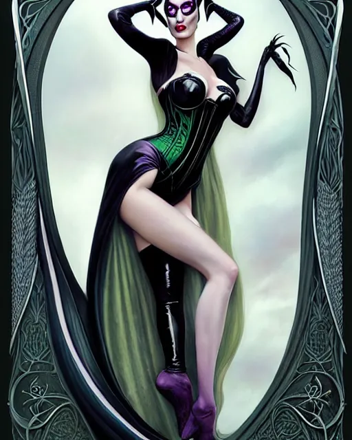 Prompt: new art nouveau portrait of fantasy succubus maleficent megan fox wearing a latex corset, anna dittmann, moebius, wlop, artgerm, patrick nagle, charlie bowater and loish. long windblown hair, very large, clear, expressive, and intelligent eyes, ultrasharp focus, dramatic lighting, photorealistic digital matte painting, intricate.