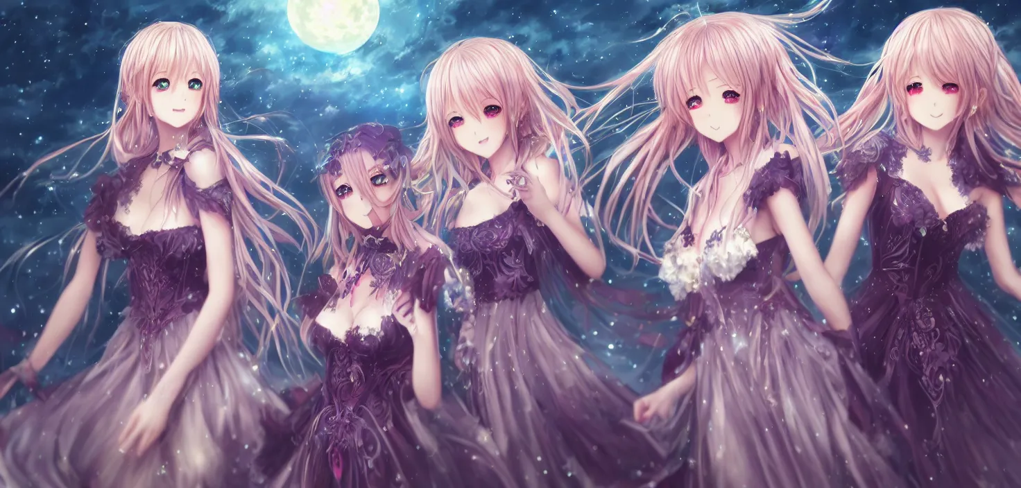 Prompt: two beautiful anime girls wear fantasy dress in festival | | sunny night, full moon, dreamlike art, realistic shaded, smile, good looking, hyper details, 4 k realistic, cryengine, realistic shaded lighting poster by artgerm, ross tran, fuji choko, 8 k resolution, trending on artstation, luxury