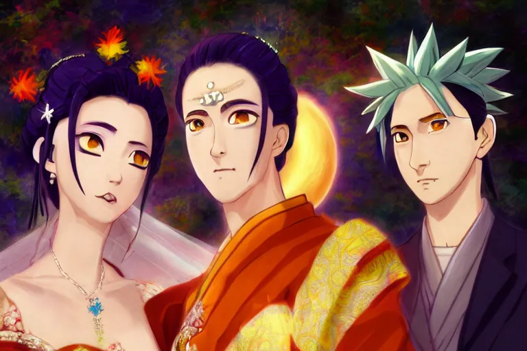 Prompt: a cinematic portrait of wedding photograph jpeg close up moment of a divine a japan sun god and moon goddess lovers magician at a wedding banquet. portraiture. digital painting. artstation. concept art. wedding photo. digital painting. naruto the movie art masterpiece by art by krenz cushart