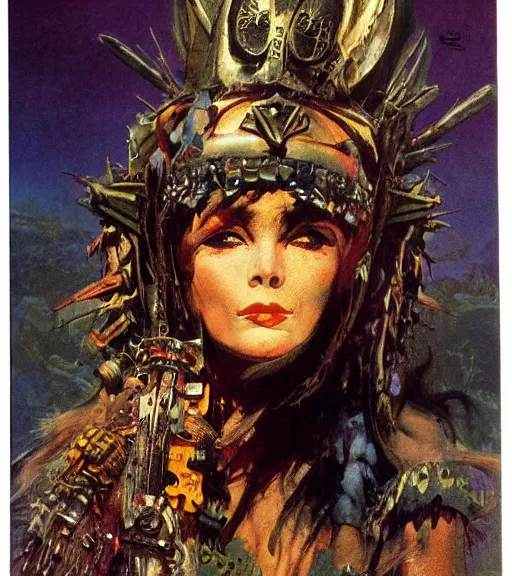 Image similar to empress of the wasteland, scrap metal headdress, strong line, deep color, high contrast, beautiful! coherent! by brian froud, by frank frazetta, low angle