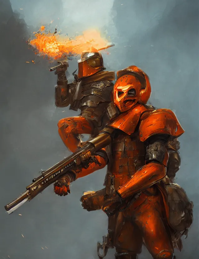 Prompt: a masked soldier in orange armour burning with fire, holding a massive powerful sniper rifle, by frank fazetta and peter mohrbacher, trending on artstation, digital art, 4 k resolution, detailed, high quality, hq artwork, coherent, insane detail, concept art, character concept, character full body portrait