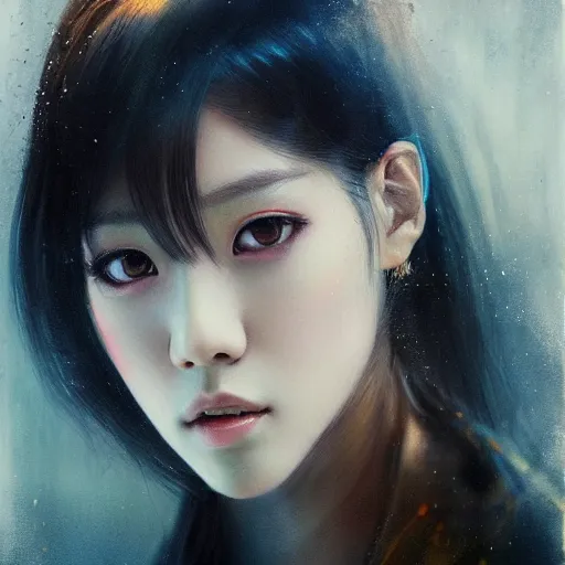 Image similar to jisoo of blackpink, hyperrealistic portrait, bladerunner street, by karol bak and agnes cecile, fantasy art, photo realistic, dynamic lighting, artstation, poster, volumetric lighting, very detailed face, 8 k, award winning