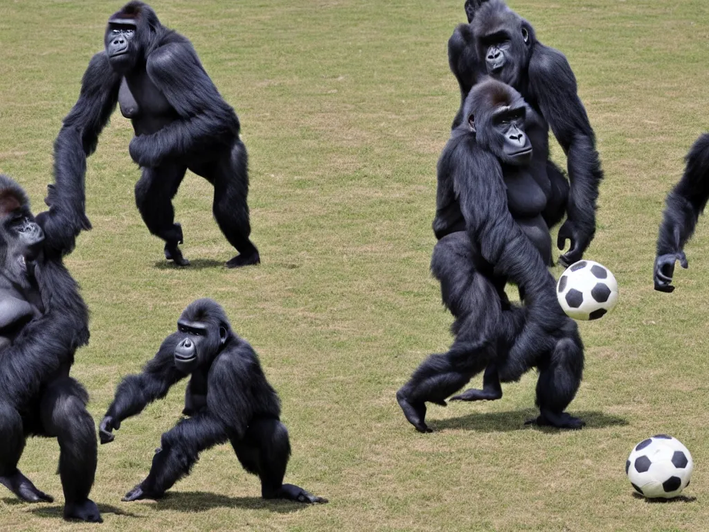 Image similar to gorilla playin soccer, vivid