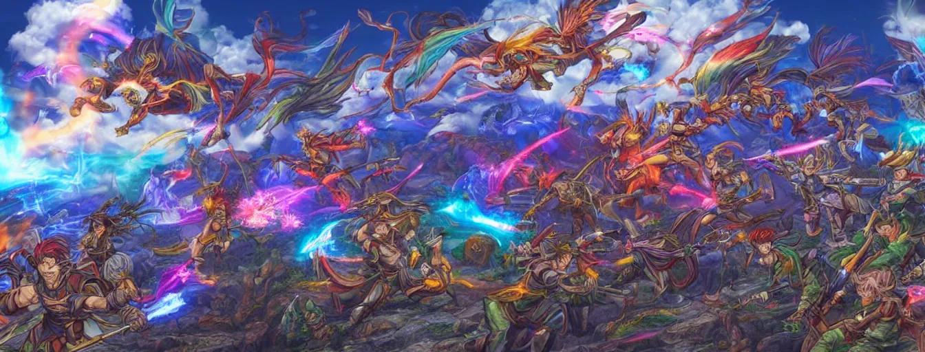 Prompt: a zoomed out panoramic view of rainbow soul fire spirits fighting on the battlefield. hyperrealistic anime background illustration by kim jung gi, colorful, extremely detailed intricate linework, smooth, super sharp focus, bright colors, high contrast, matte, octopath traveler, unreal engine 5 highly rendered, global illumination, radiant light