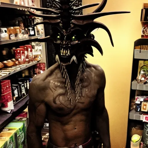 Prompt: Just one of the many demon inhabitants from the five hells hanging out in the Starbucks backroom.