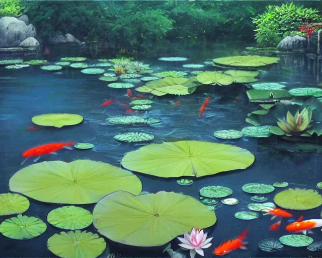 Prompt: koi pond, lotus flowers, dark blue water, green lily pads, goldfish, a fantasy painting by makoto shinkai and James Gurney, trending on artstation