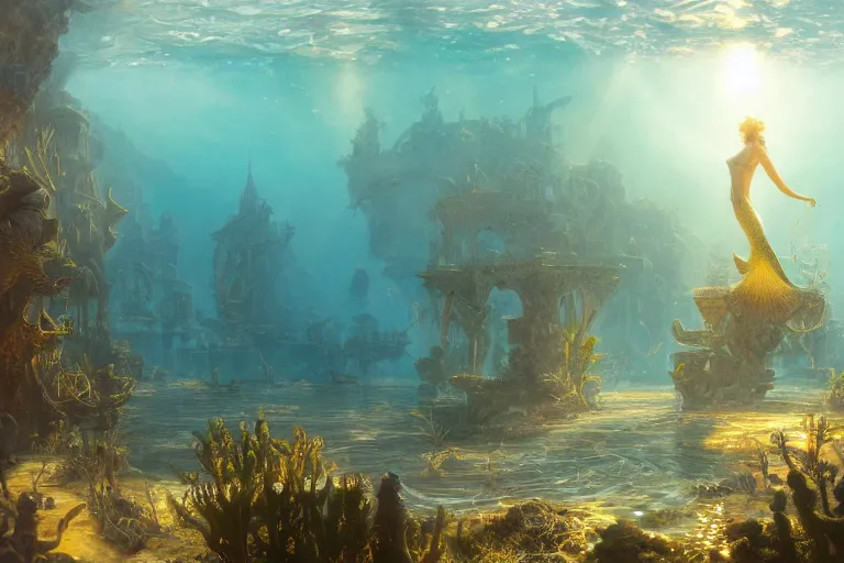 Image similar to a scenic landscaping view of the lost and abandoned city of Atlantic under water, ray of sunlight, mermaids in distance, Greg Rutkowski, Moebius, Mohrbacher, Mucha, blue and gold color scheme, ultra wide angle, light effect