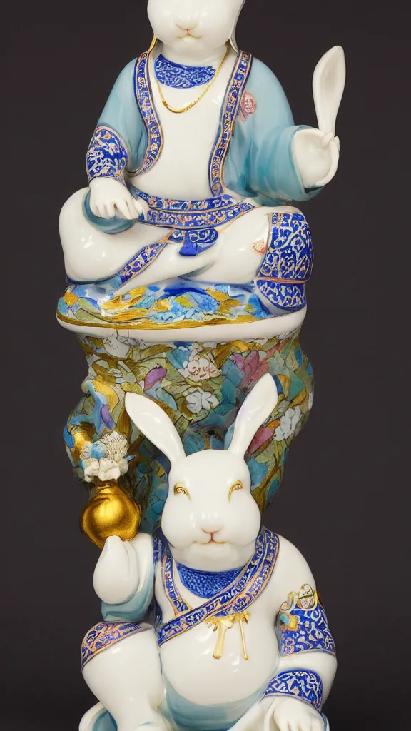 Image similar to porcelain rabbit head budda statue with blue arabesque details get a japanese kiseru in her hand painted by john singer sargent