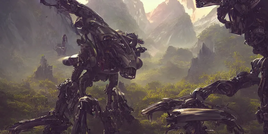 Prompt: robotic mechas in highly detailed alien planet with lush vegetation, deserts and mountains, artgerm, cgsociety