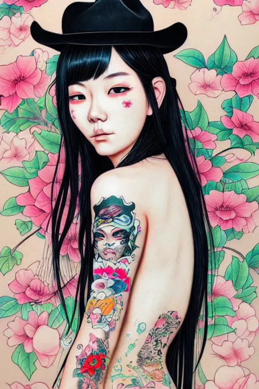 Image similar to full view of taiwanese girl with tattoos, wearing a cowboy hat, style of yoshii chie and hikari shimoda and martine johanna, highly detailed