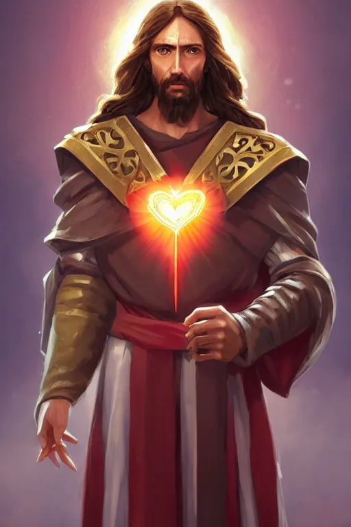 Image similar to A card of Jesus Christ as a DOTA 2 character holding a Sacred Heart armor, card game, card, trade card game, Artifact Dota2, by Stanley Artgerm Lau, WLOP, Rossdraws, James Jean, Andrei Riabovitchev, Marc Simonetti, Yoshitaka Amano, ArtStation, CGSociety,